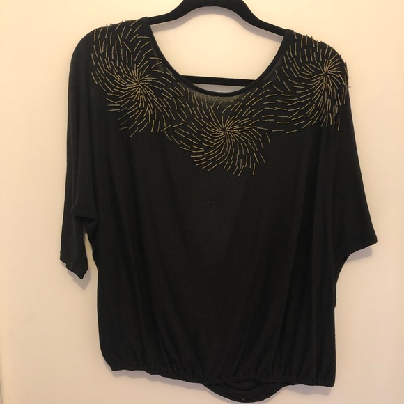 Black Open Back Shirt w/ Gold Beading - Picture 1 of 3